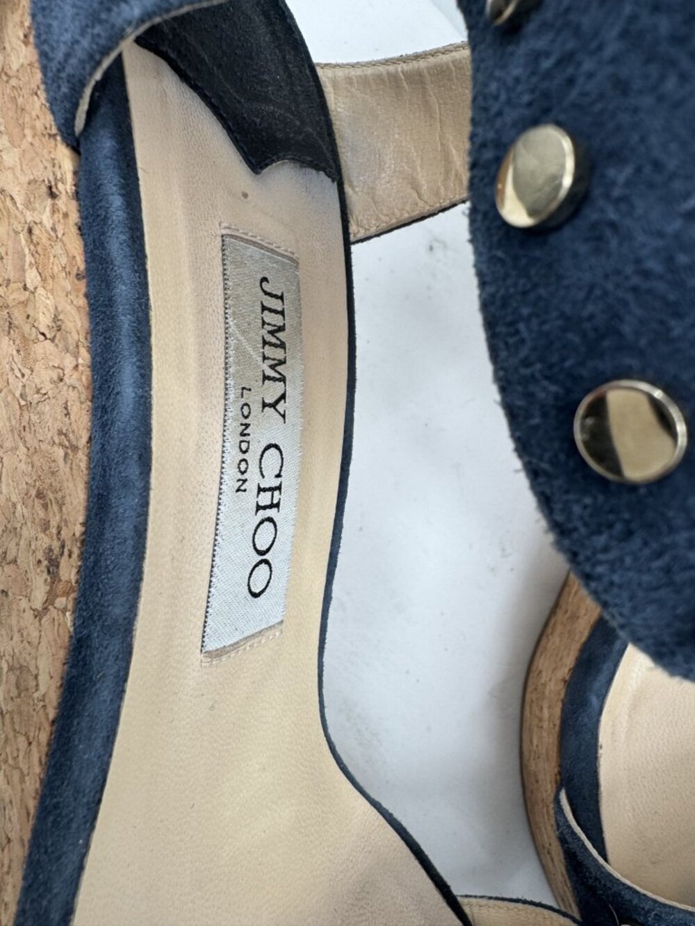JIMMY CHOO Dark Navy Suede Studded Cork Nelly Wedge Sandals Heels Shoes Sz 41.5 - Picture 5 of 16
